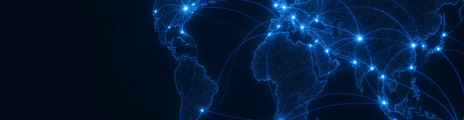 Glowing map of Distril's buyer network across the USA, Europe, the Middle East, Africa and Asia